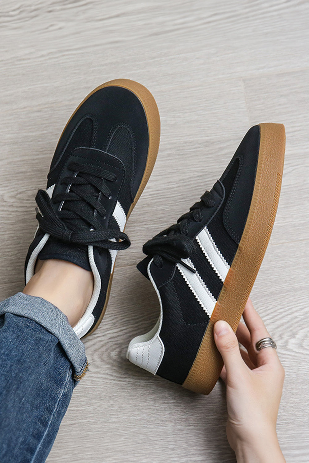 Black Striped Lace-up Flat Sneakers