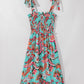 Green Abstract Print Smocked Bodice Knotted Straps Ruffled Maxi Dress