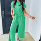 Bright Green Solid Corded Knit Short Sleeve T Shirt and Wide Leg Pants Set