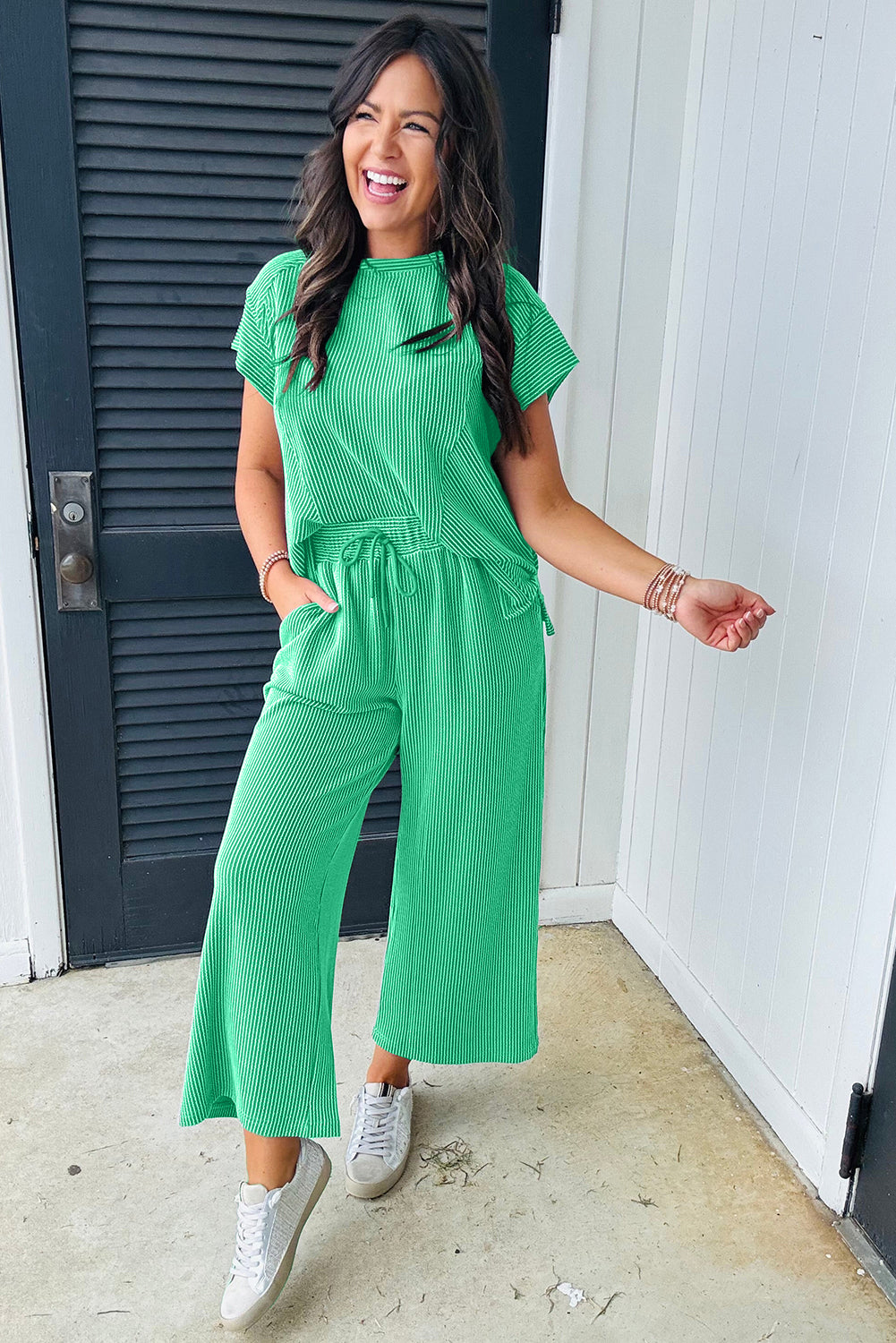 Bright Green Solid Corded Knit Short Sleeve T Shirt and Wide Leg Pants Set