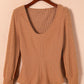 Brown U Neck Textured Long Sleeve Top