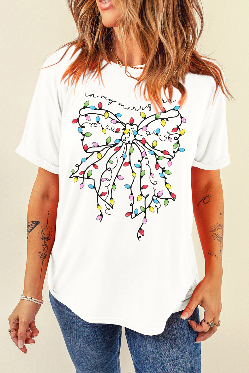 White Colored Light Bowknot Graphic Crewneck T Shirt