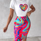 Heart Abstract Print Top & Slit Skirt Set