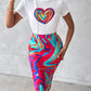 Heart Abstract Print Top & Slit Skirt Set