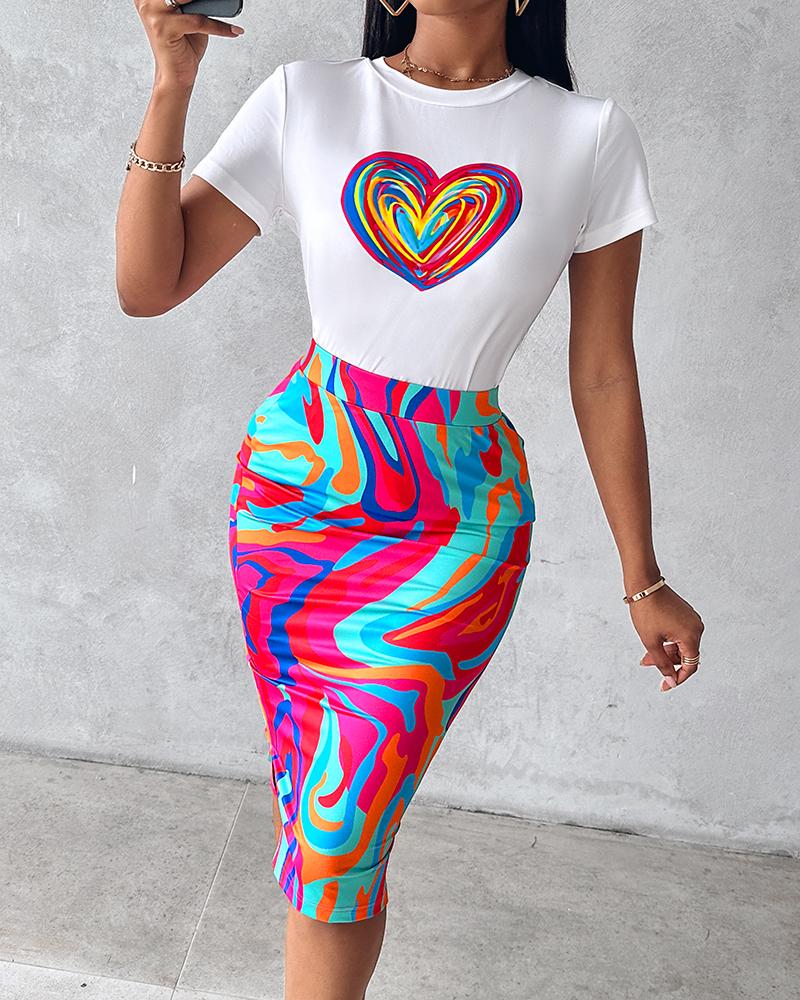 Heart Abstract Print Top & Slit Skirt Set