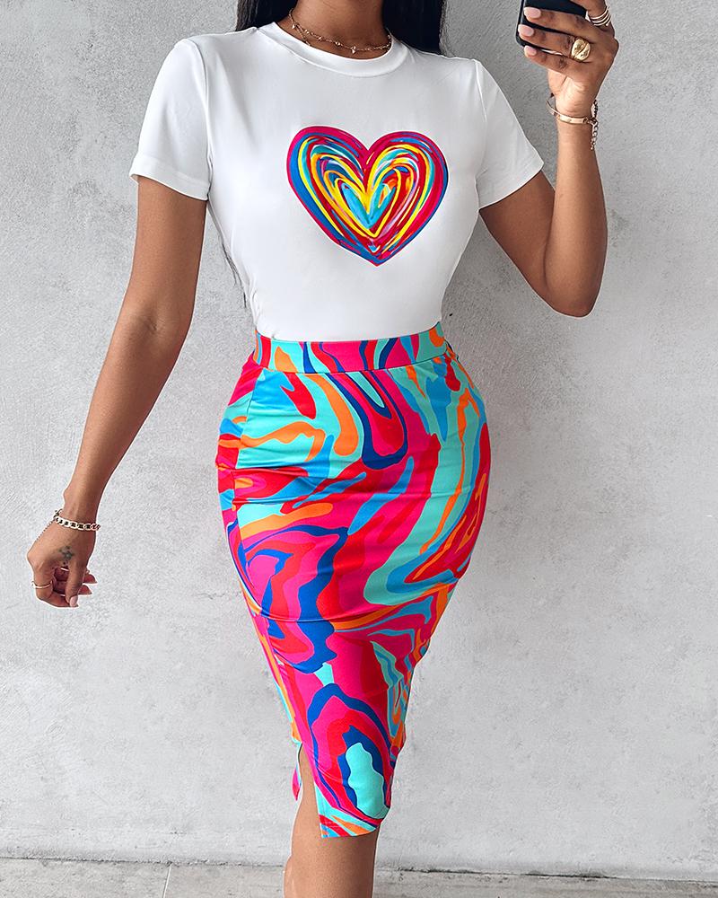 Heart Abstract Print Top & Slit Skirt Set