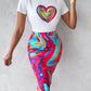 Heart Abstract Print Top & Slit Skirt Set