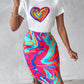 Heart Abstract Print Top & Slit Skirt Set