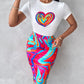 Heart Abstract Print Top & Slit Skirt Set