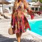 Pink Plant Print Flared Sleeve Ruffled Hem Tunic High Waist Flowy Dress