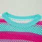 Rose Red Colorblock Patchwork Knit Crochet Eyelet Sweater