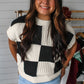 Black Checkered Color Block Crew Neck Short Sleeve Sweater