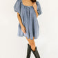 Myosotis Bubble Sleeve Square Neck Denim Babydoll Dress