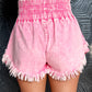 Pink Washed Wide Smocked Waistband Frayed Denim Shorts