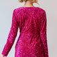 Pitaya Pink Velvet Sequin Long Sleeve V Neck Wrapped Mini Dress