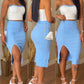 2 Pieces Colorblock Bandeau Strapless Top and Side Slit Slim Fit Skirt Set