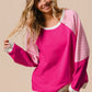 Strawberry Pink Striped Patchwork Crew Neck Raglan Sleeve Top