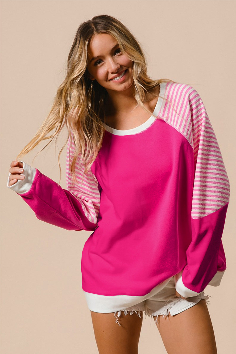 Strawberry Pink Striped Patchwork Crew Neck Raglan Sleeve Top