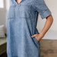 Beau Blue Short Sleeve Collared Patched Pocket Denim Mini Dress