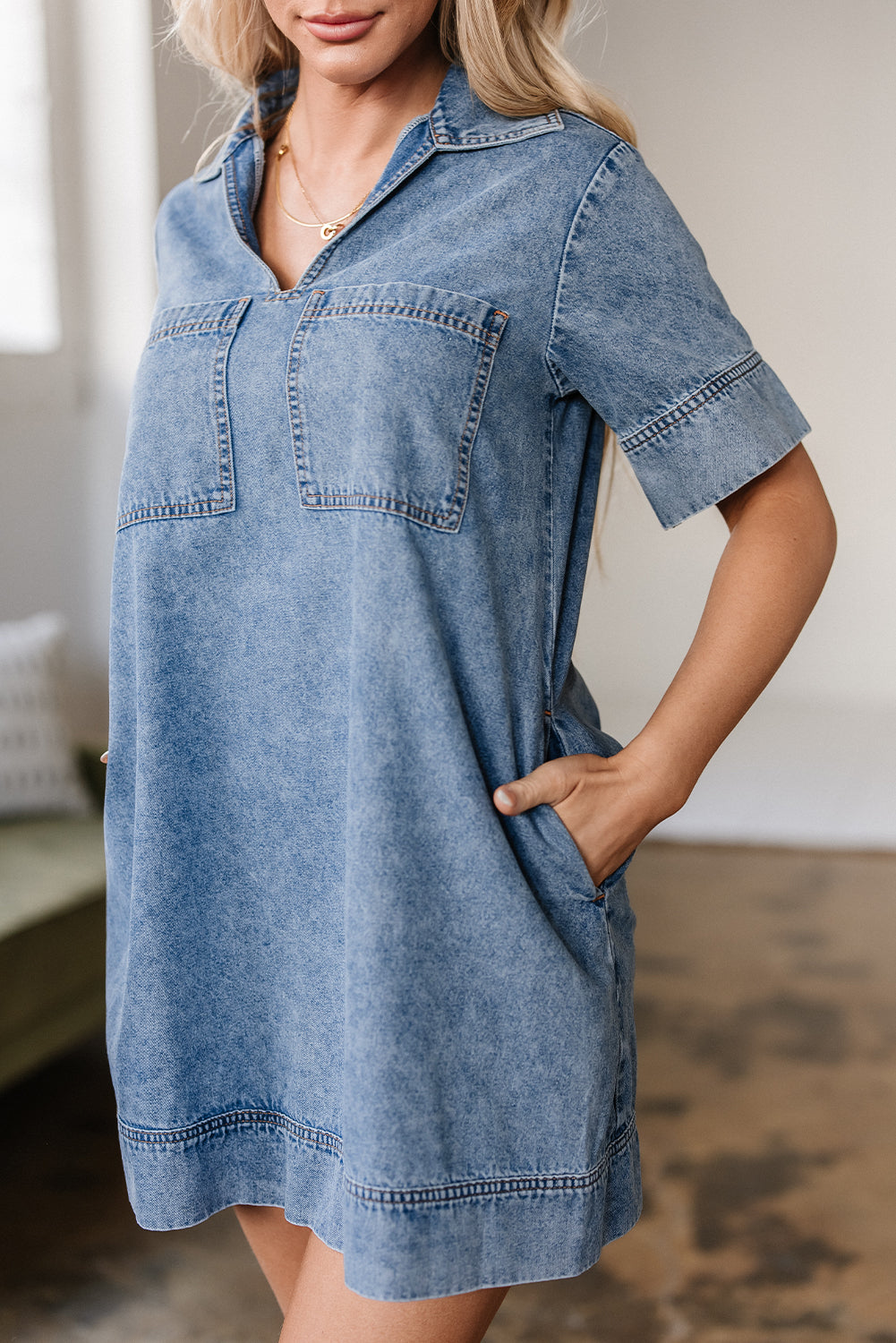 Beau Blue Short Sleeve Collared Patched Pocket Denim Mini Dress