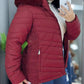 Zipper Pocket Design Shirred Fuzzy Trim Lined Hooded Puffer Jacket