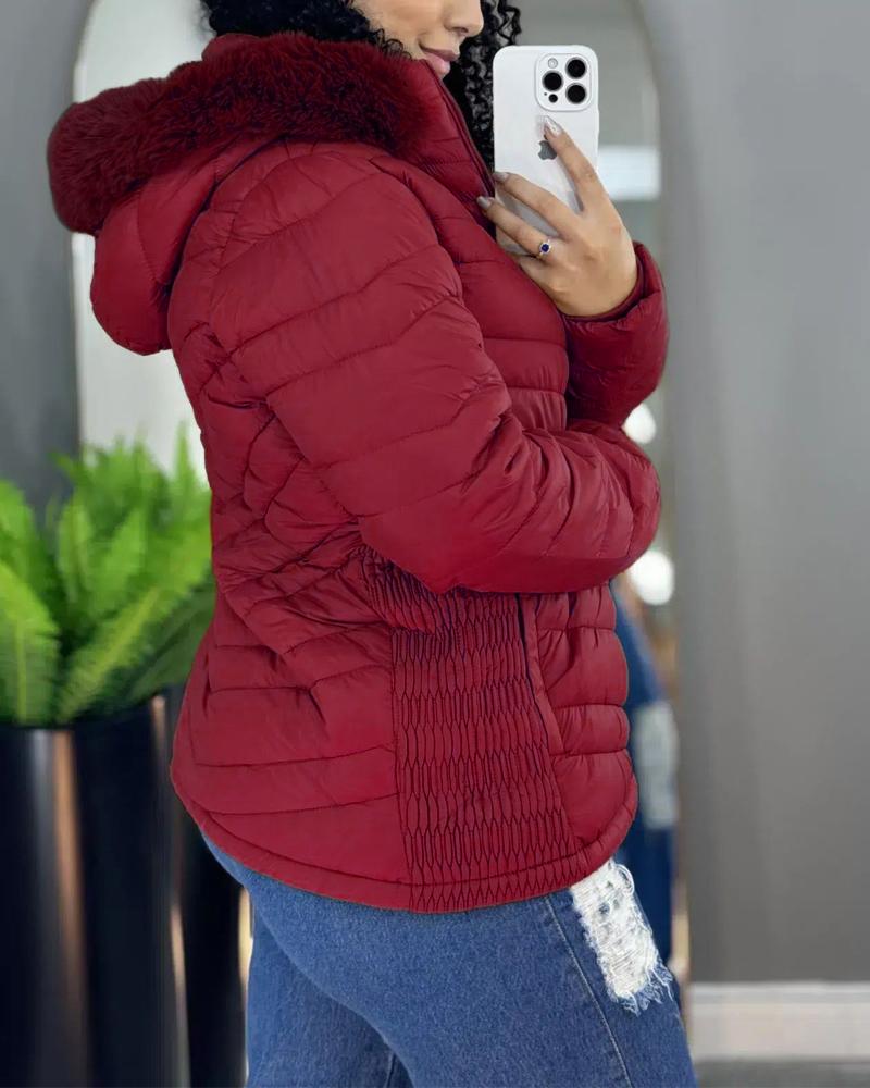 Zipper Pocket Design Shirred Fuzzy Trim Lined Hooded Puffer Jacket