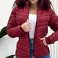 Zipper Pocket Design Shirred Fuzzy Trim Lined Hooded Puffer Jacket