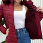 Zipper Pocket Design Shirred Fuzzy Trim Lined Hooded Puffer Jacket