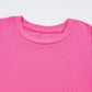 Bright Pink Ribbed Pearl Beaded Puff Sleeve Top