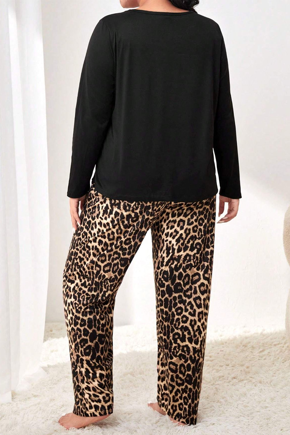 Black Leopard Patched Pocket Long Sleeve Top Plus Size Pants Set