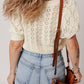 Beige Hollowed Pattern Knit Short Puff Sleeve Sweater