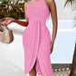 Tropical Print Halter A Line Sleeveless Front Slit Ruched Maxi Dress Vacation Dress