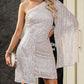 One Shoulder Allover Sequin Dress Draped Cape Sleeve Mini Party Dress