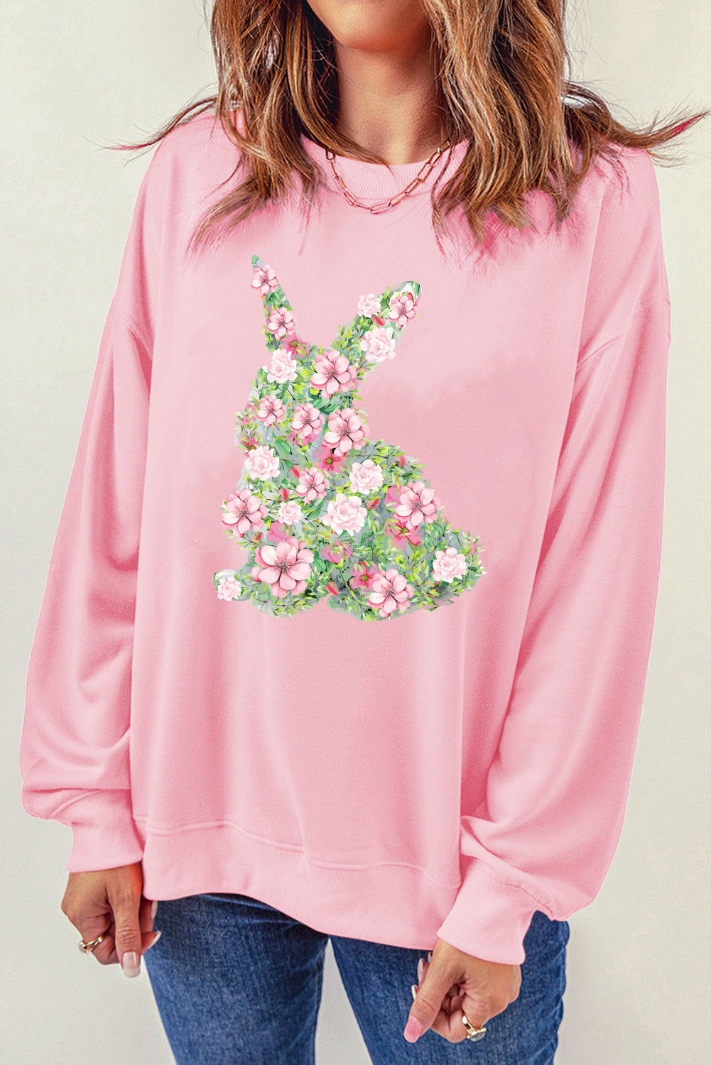 Pink Floral Bunny Printed Crewneck Easter Fashion Sweatshirt