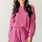 Strawberry Pink Corded Textured Long Sleeve Top and Shorts Set