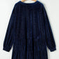 Navy Blue Plus Size Textured Velvet Tiered Button V Neck Dress