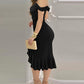 Cold Shoulder Pearls Strap Bodycon Dress Cowl Neck Ruffle Hem Cocktail Evening Party Dresses