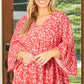 Red Plus Size Floral V Neck Flared Bracelet Sleeve Blouse