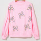 Light Pink Embroidered Bow Lantern Sleeve Oversized Pullover Sweatshirt