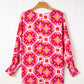 Strawberry Pink Geometric Print Shirred Cuff 3/4 Sleeve Loose Blouse