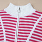 Pink Stripe Zip up Collar Drop Shoulder Sweater