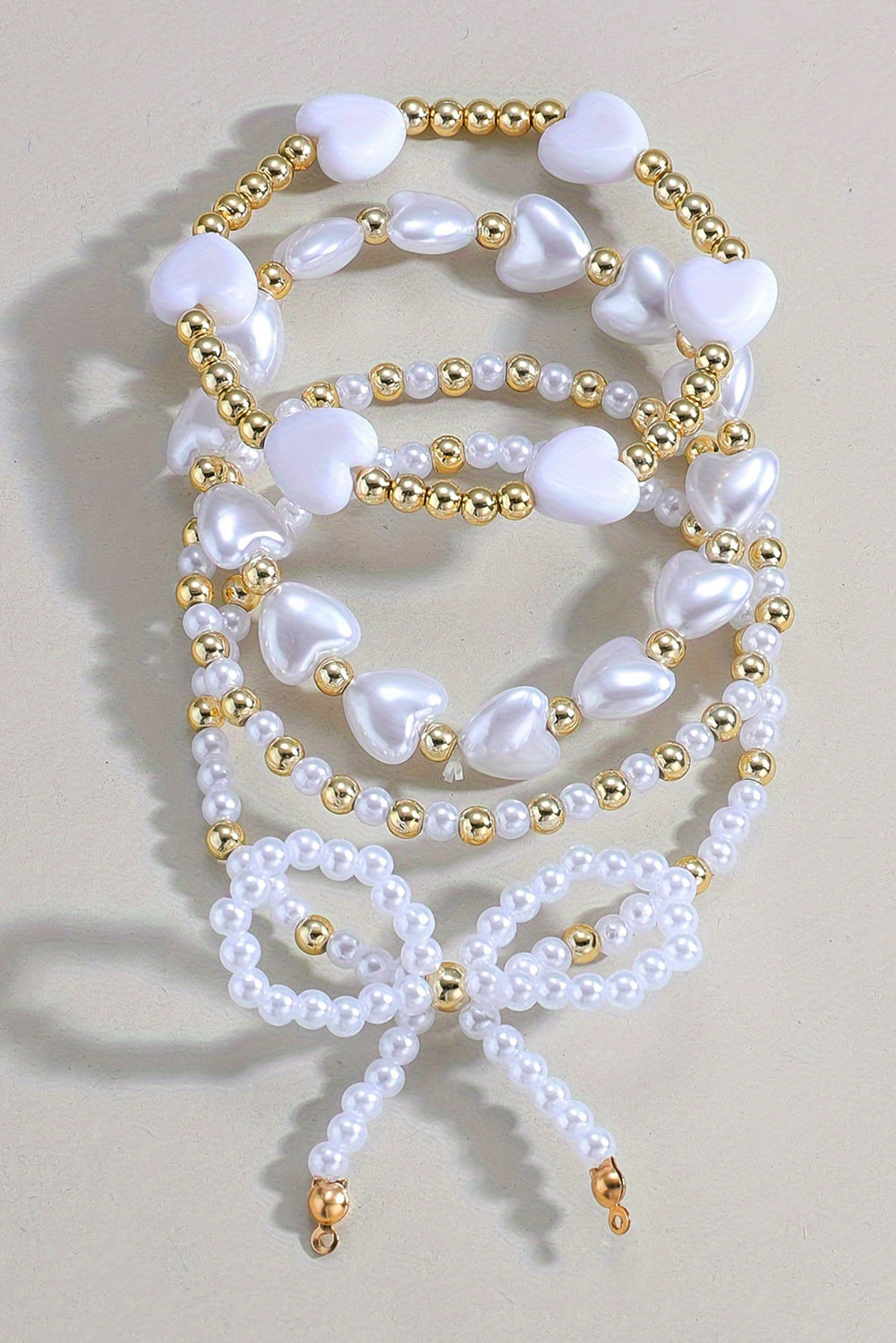 White Bow Knot Heart Shape Faux Pearl Beaded Bracelet Set