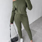 2PCS Solid Skew Neck Long Sleeve Top & Stretchy Waist Pants Set