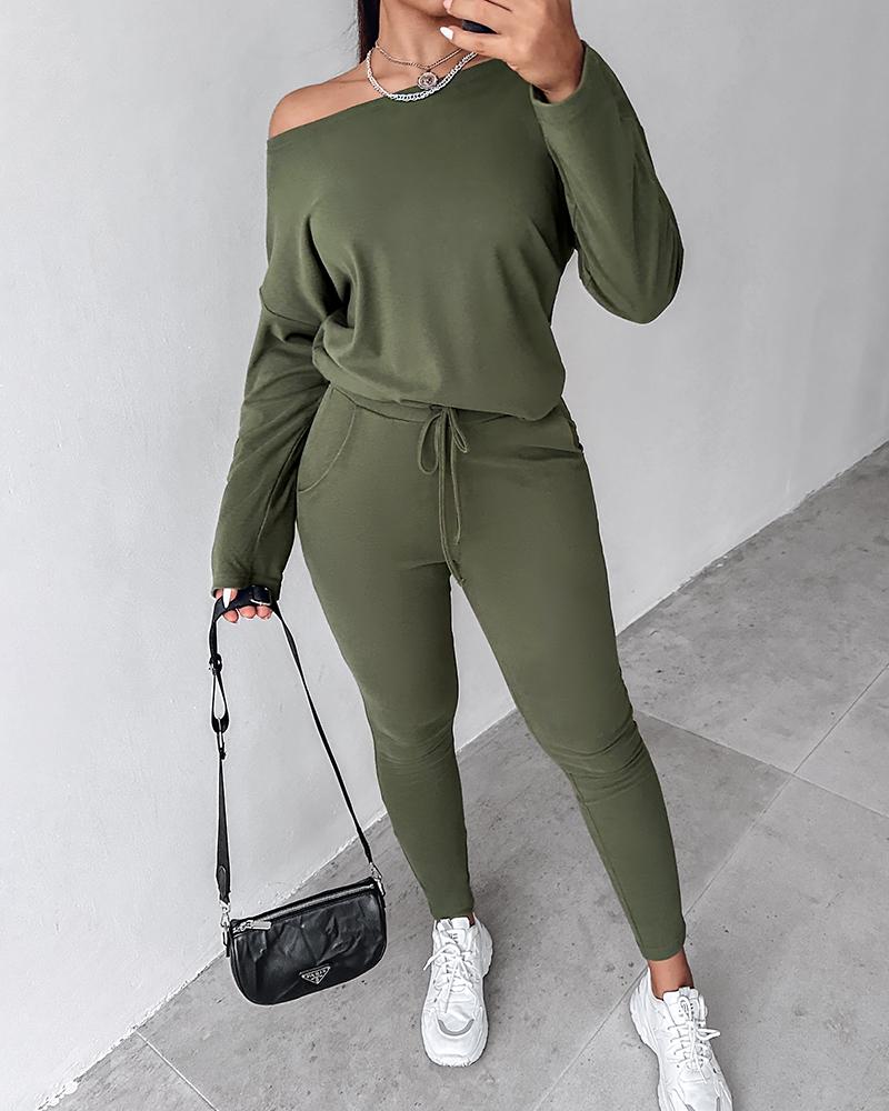 2PCS Solid Skew Neck Long Sleeve Top & Stretchy Waist Pants Set