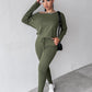 2PCS Solid Skew Neck Long Sleeve Top & Stretchy Waist Pants Set