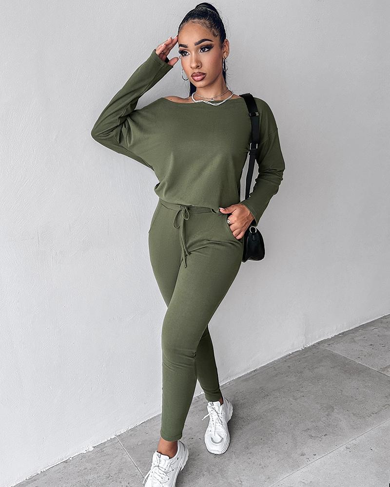 2PCS Solid Skew Neck Long Sleeve Top & Stretchy Waist Pants Set