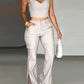 2 Pieces Spaghetti Strap V Neck Crop Top and Casual Pocket Design Button Front Slit Cargo Pants Set