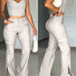 2 Pieces Spaghetti Strap V Neck Crop Top and Casual Pocket Design Button Front Slit Cargo Pants Set