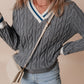 Medium Grey Color Contrast Ribbed Edge Cable Knit V Neck Sweater