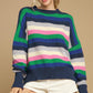 Bright Green Rainbow Striped Crew Neck Drop Shoulder Sweater